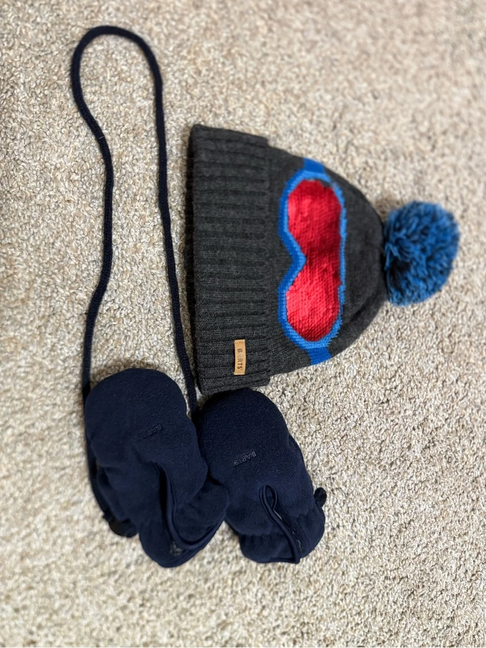 Barts Kids Pom Beanie Hat with Red Sequin Goggles and Barts gloves